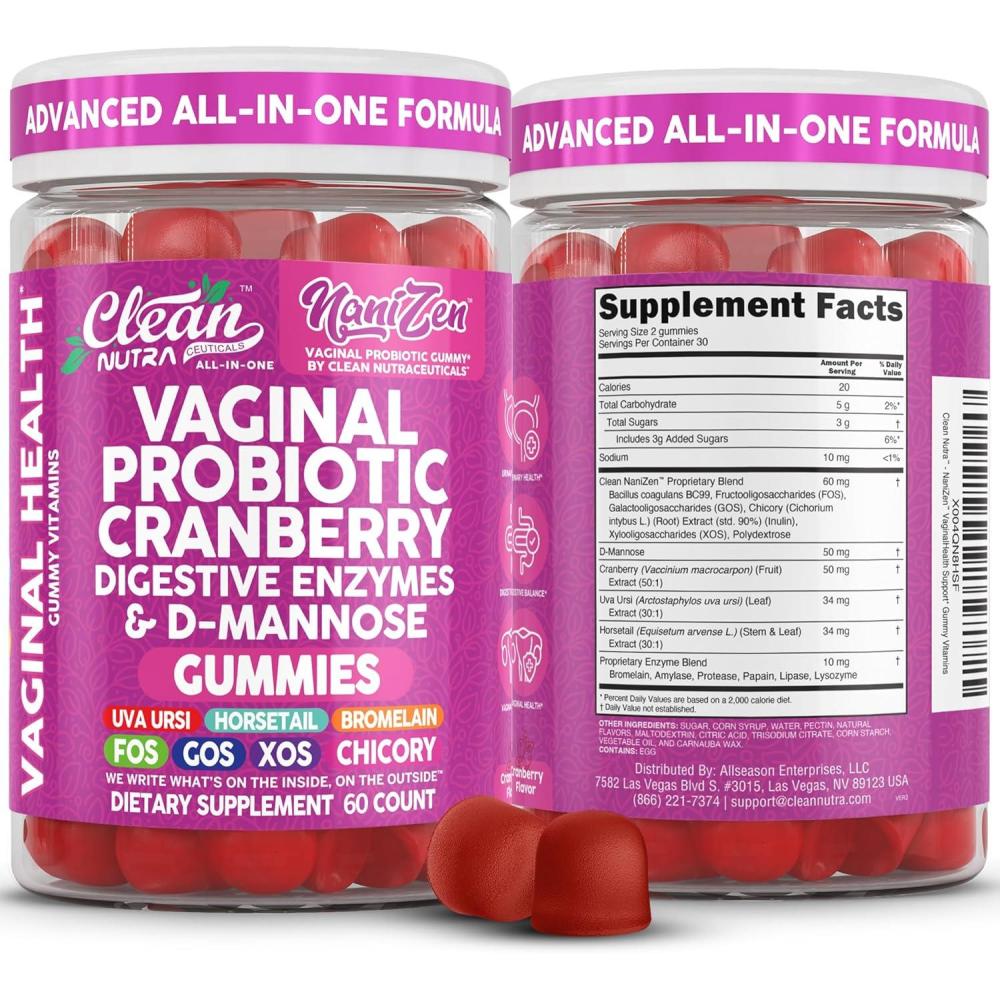 image:imageClean Nutra Vaginal Probiotic Gummies for Women Cranberry Digestive Enzymes D Mannose Womens Probiotic Dmannose Horsetail Bromelain Chicory Fiber Feminine Care Prebiotics Inulin Papaya Enzyme Gummy