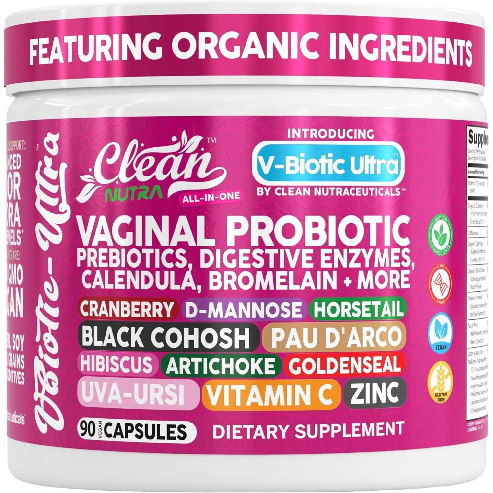 image:imageClean Nutra Vaginal Probiotics for Women Prebiotics Digestive Enzymes Bromelain Cranberry D Mannose Horsetail Black Cohosh Artichoke Hibiscus Flowers Probiotic for Digestive Health 90 Vegan Capsules1