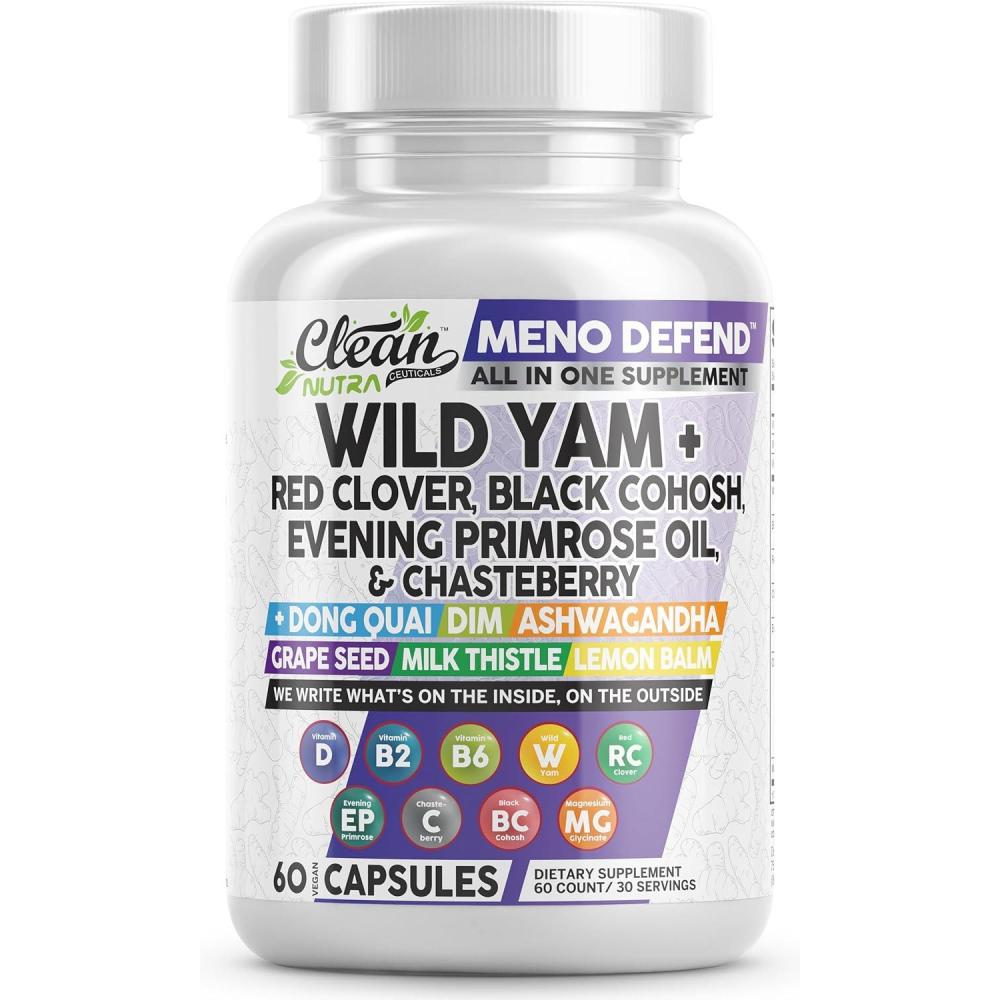 image:imageClean Nutra Wild Yam Root Capsules with Red Clover Black Cohosh Evening Primrose Oil Chasteberry Dong Quai DIM Ashwagandha Grape Seed Extract Milk Thistle Lemon Balm and more Hormone Balance For Women