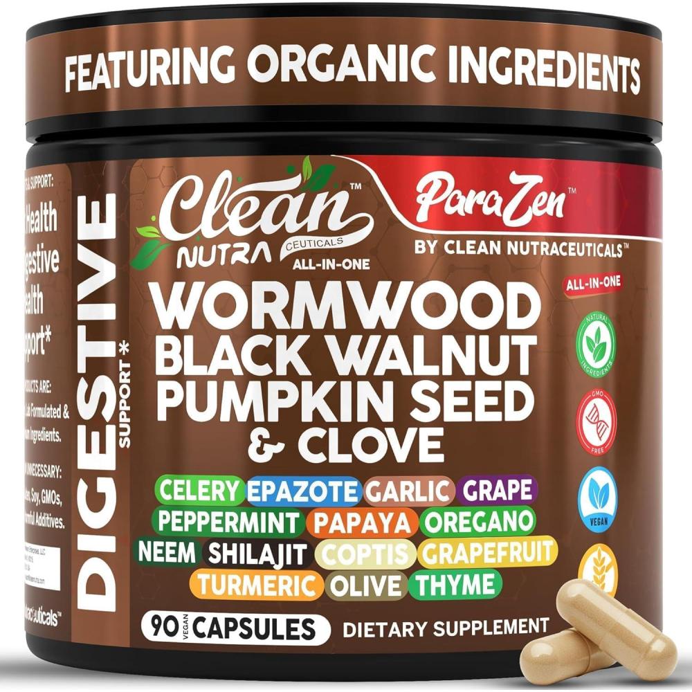image:imageClean Nutra Wormwood Black Walnut Pumpkin Seed Clove Oil Celery Garlic Grape Papaya Neem Diatomaceous Earth Womens Probiotic Gut Health Cleanse Detox Oregano Olive Turmeric Supplement Vegan Capsules
