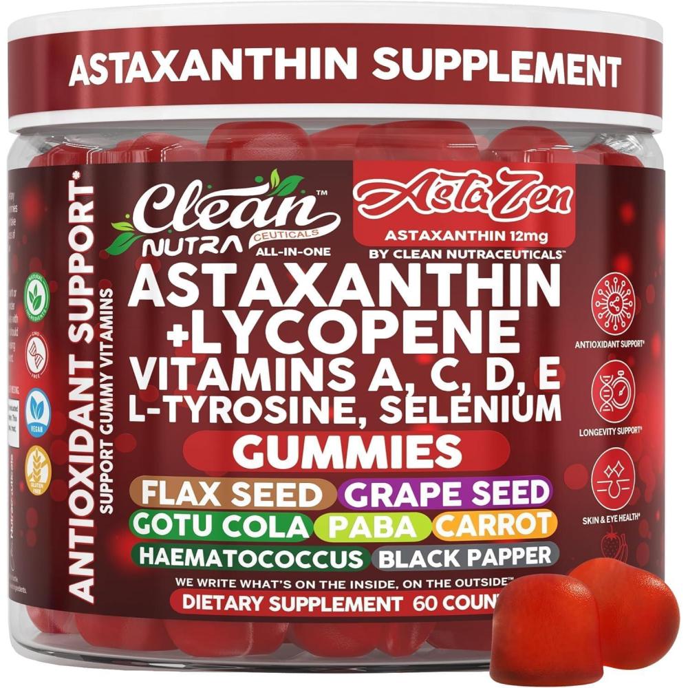 image:imageClean Nutraceuticals AstaZen Astaxanthin Gummies 12mg  with Lycopene Vitamins A C D E LTyrosine amp Selenium  Antioxidant Support Gummies  60 Count