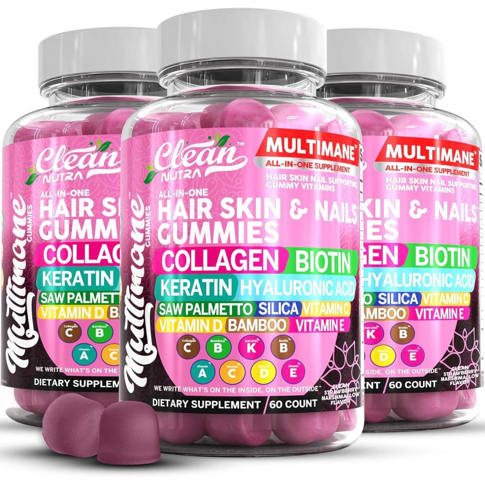 image:imageClean Nutraceuticals Biotin Collagen Keratin Gummies Hair Skin and Nails Vitamins for Women Hyaluronic Acid Bamboo Vitamin A C D3 E Folate with Saw Palmetto Silica B3 B12 Vegan Gummy3