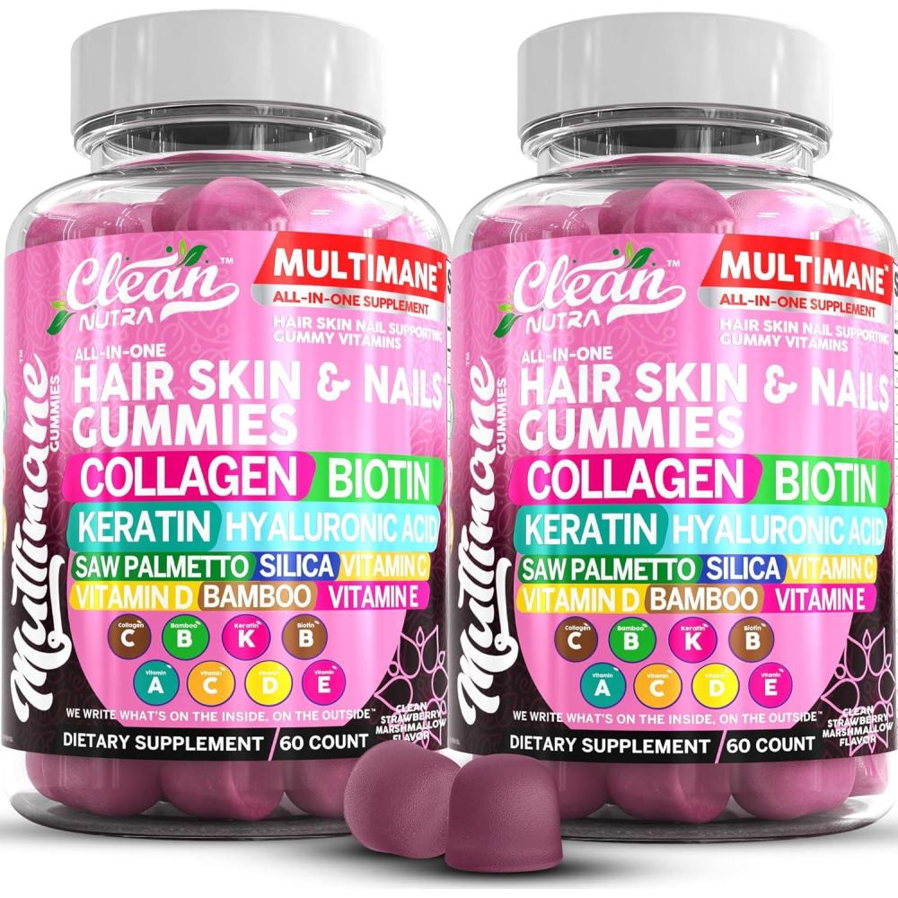 image:imageClean Nutraceuticals Biotin Collagen Keratin Gummies Hair Skin and Nails Vitamins for Women Hyaluronic Acid Bamboo Vitamin A C D3 E Folate with Saw Palmetto Silica B3 B12 Vegan Gummy2