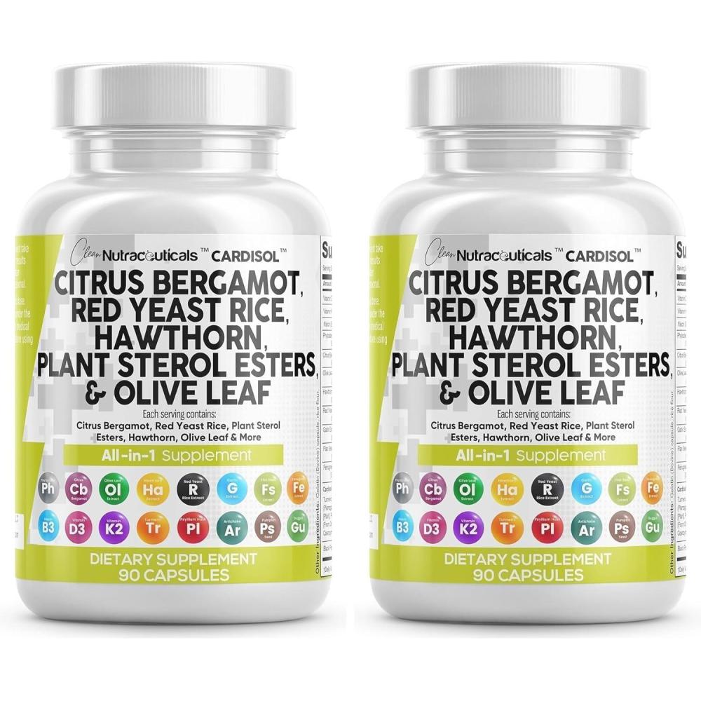 image:imageClean Nutraceuticals Citrus Bergamot Red Yeast Rice Capsules with Plant Sterols with Hawthorn Extract Olive Leaf Niacin Vitamin K3 D3 COQ10 Guggul amp More90 Count Pack of 2