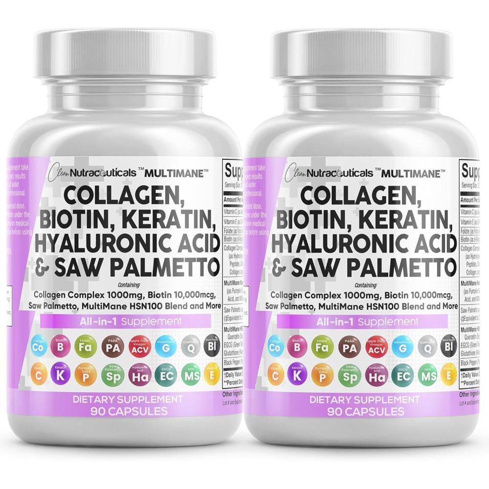image:imageClean Nutraceuticals Collagen Pills 1000mg Biotin 10000mcg Keratin Saw Palmetto Hyaluronic Acid Hair Skin amp Nails Vitamins amp DHT Blocker with Vitamin E Folic Acid Pumpkin Seed MSM 90 Count90 Count Pack of 2