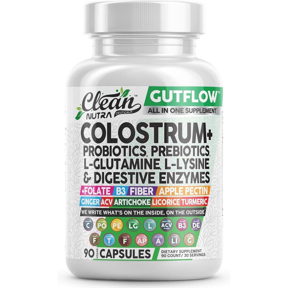 image:imageClean Nutraceuticals Colostrum Supplement Capsules Probiotics Pills Prebiotics LGlutamine Digestive Enzymes Folate Fiber ACV Turmeric Apple Pectin and Turmeric Pills90 Count Pack of 1