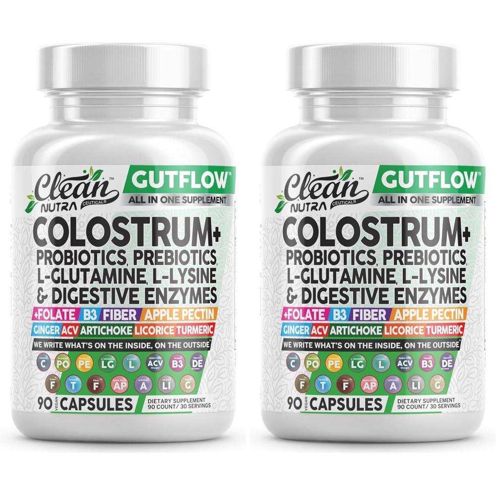 image:imageClean Nutraceuticals Colostrum Supplement Capsules Probiotics Pills Prebiotics LGlutamine Digestive Enzymes Folate Fiber ACV Turmeric Apple Pectin and Turmeric Pills90 Count Pack of 2