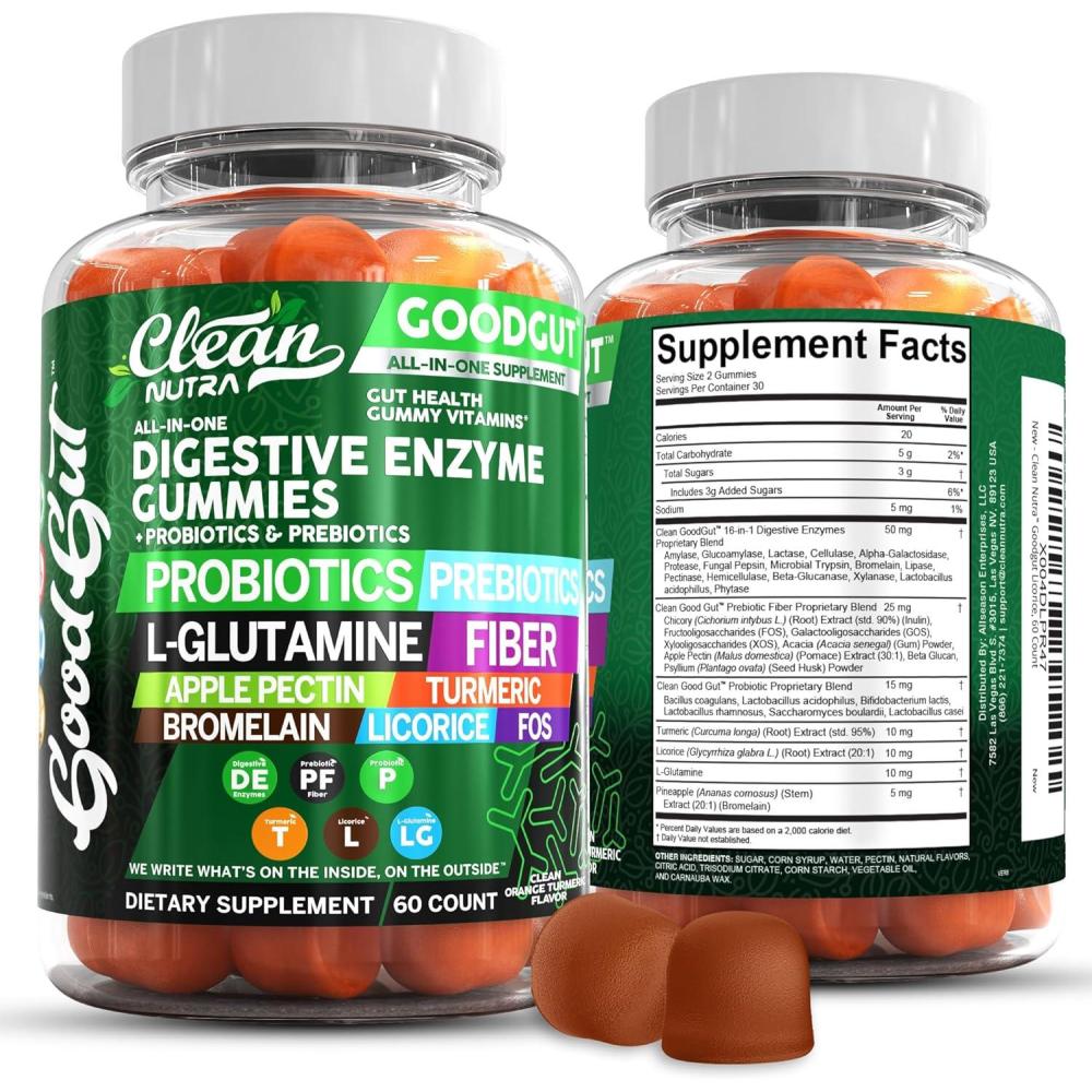 image:imageClean Nutraceuticals Digestive Enzymes with Probiotics amp Prebiotics for Digestive Health Gummies amp LGlutamine for Gut Health Bromelain Apple Pectin Inulin FOS Plant Based Vegan Gummy Vitamins1