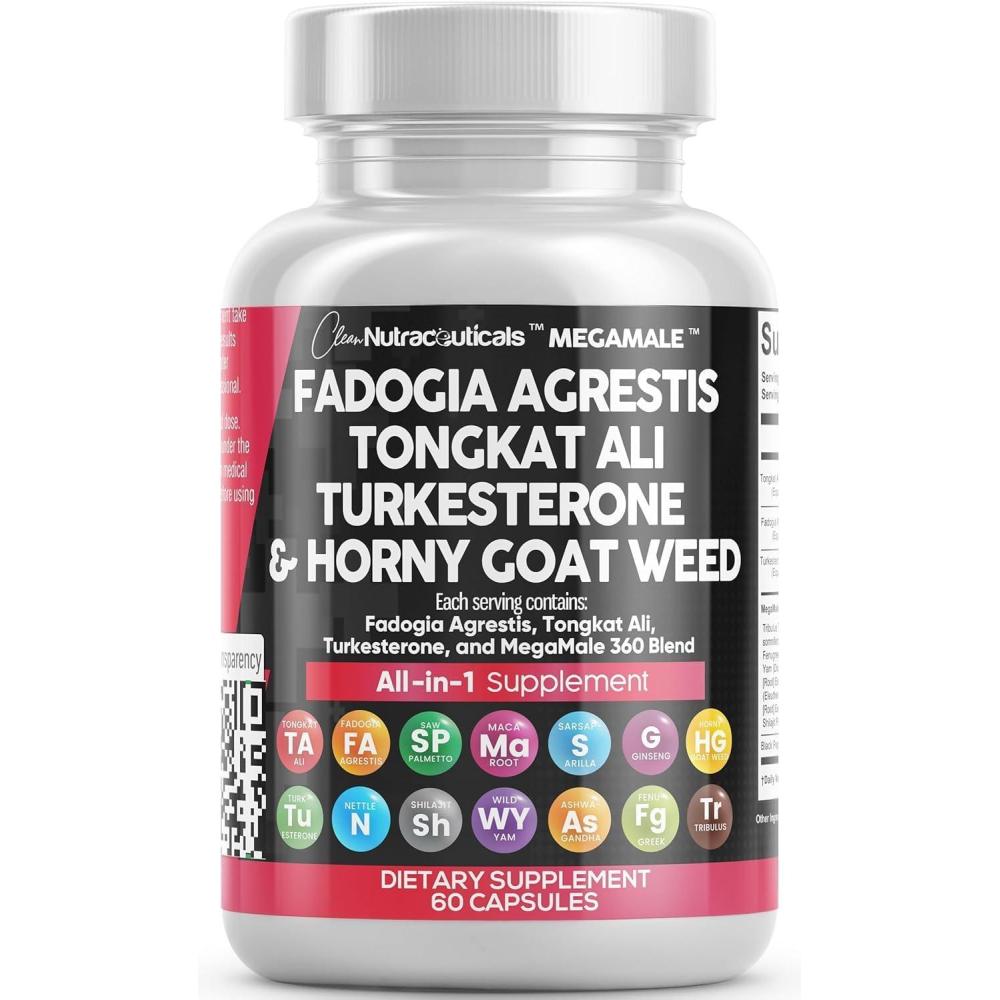 image:imageClean Nutraceuticals Fadogia Agrestis Tongkat Ali Turkesterone Supplement with Horny Goat Weed Saw Palmetto Maca Root Siberian Ginseng Tribulus Terrestris Fenugreek Wild Yam 60 Count