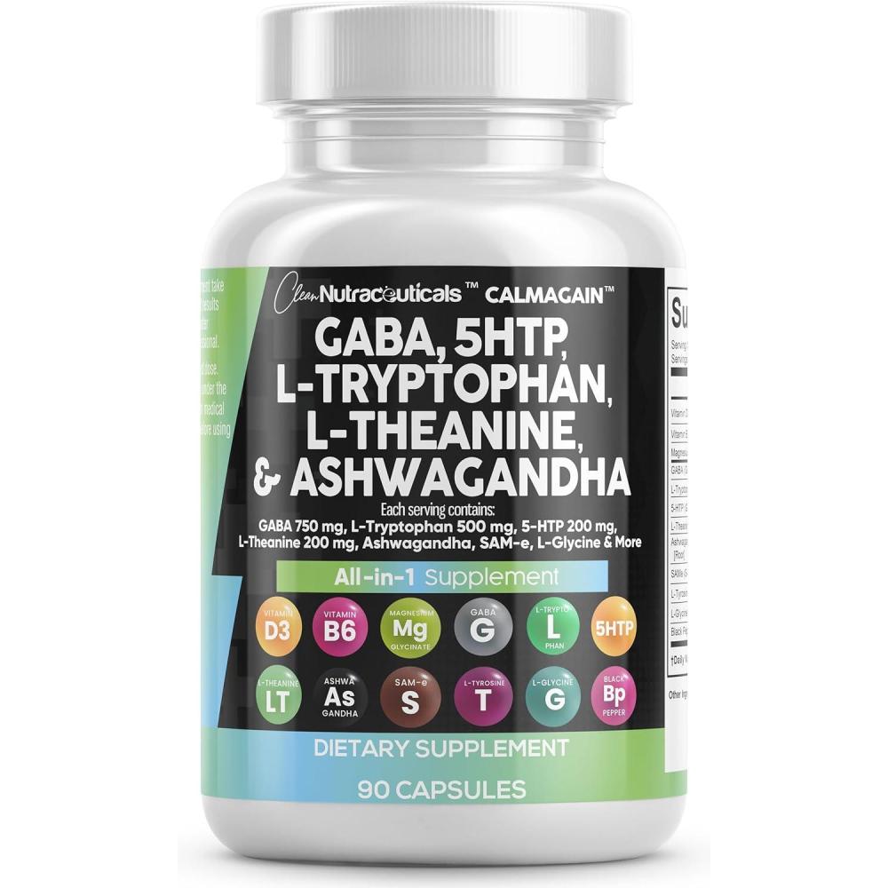image:imageClean Nutraceuticals GABA 750mg 5 HTP 200mg L Tryptophan 500mg L Theanine 200mg Ashwagandha SAMe LGlycine Mood Support Vitamins for Women and Men with LTyrosine 5HTP 5Hydroxytryptophan90 Count Pack of 1