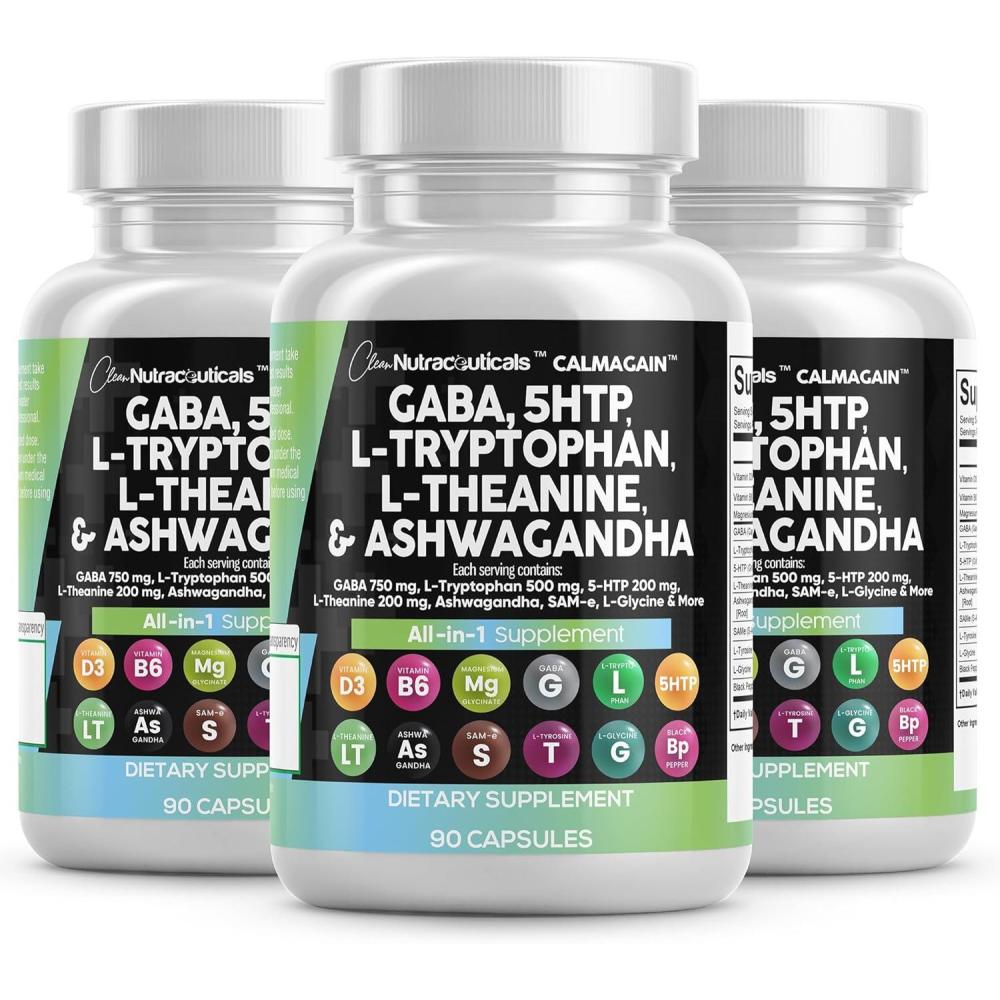 image:imageClean Nutraceuticals GABA 750mg 5 HTP 200mg L Tryptophan 500mg L Theanine 200mg Ashwagandha SAMe LGlycine Mood Support Vitamins for Women and Men with LTyrosine 5HTP 5Hydroxytryptophan30 Count Pack of 3