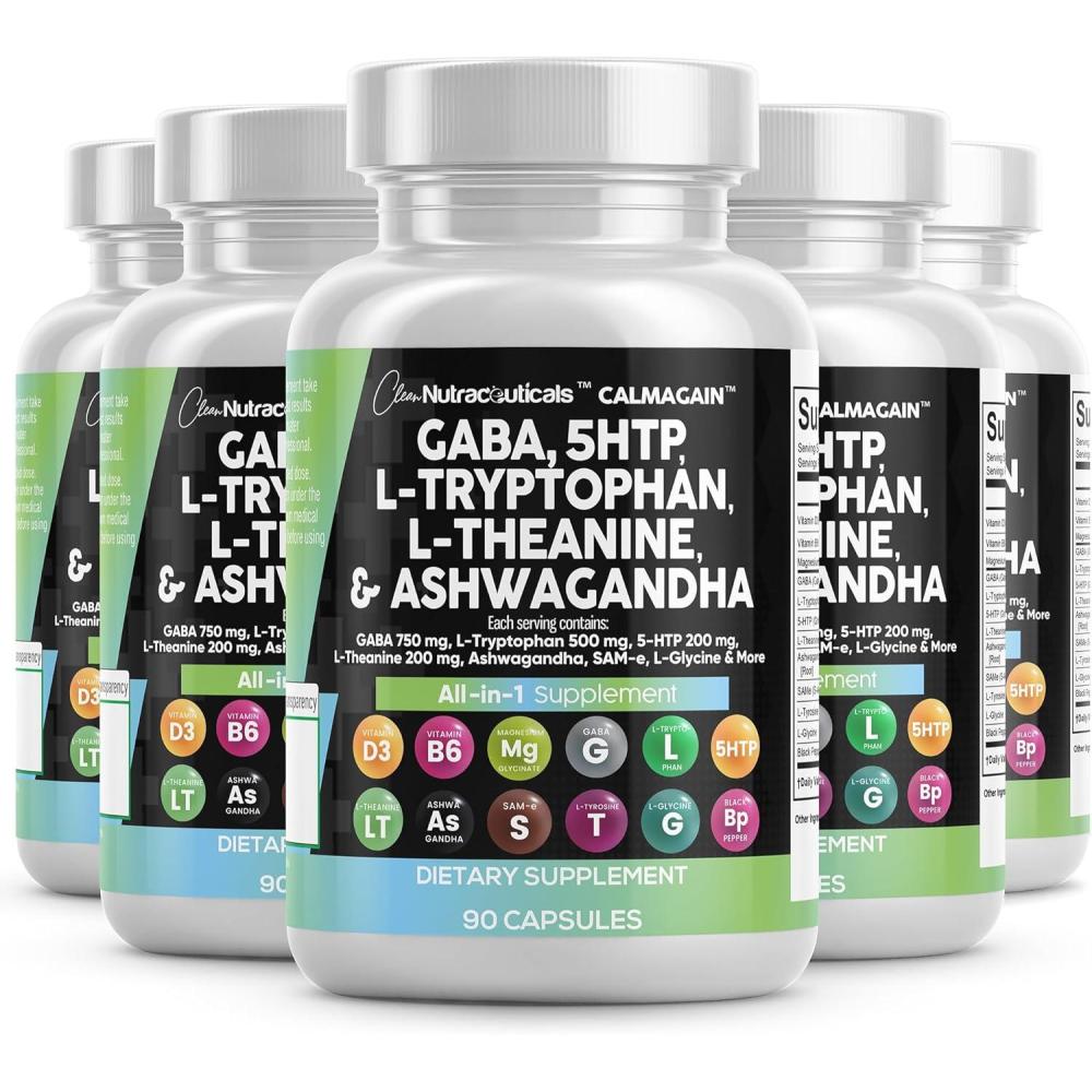 image:imageClean Nutraceuticals GABA 750mg 5 HTP 200mg L Tryptophan 500mg L Theanine 200mg Ashwagandha SAMe LGlycine Mood Support Vitamins for Women and Men with LTyrosine 5HTP 5Hydroxytryptophan1 Count Pack of 5