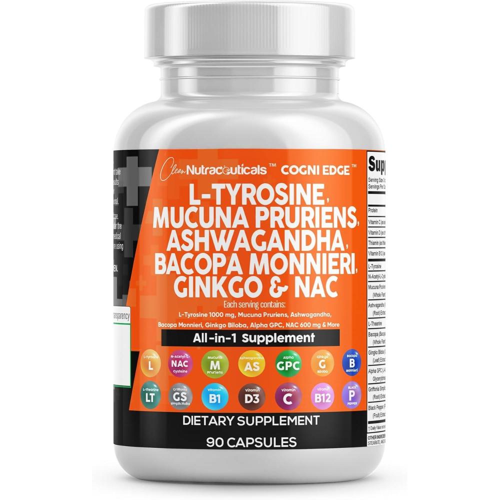 image:imageClean Nutraceuticals L Tyrosine Mucuna Pruriens Bacopa Monnieri Ashwagandha Focus Supplement wNAcetyl Cysteine NAC 5HTP Ginkgo Biloba Alpha GPC Vitamin C D B1 B12