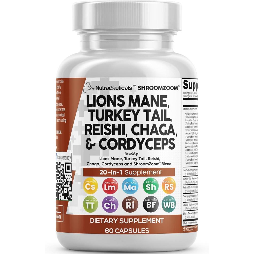 image:imageClean Nutraceuticals Lions Mane 20in1 Mushroom Supplement with Turkey Tail Reishi Cordyceps Chaga Maitake Meshima Poria Cocos Shiitake Oyster Porcini Enoki 2Pack1