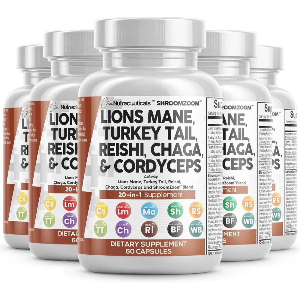 image:imageClean Nutraceuticals Lions Mane 20in1 Mushroom Supplement with Turkey Tail Reishi Cordyceps Chaga Maitake Meshima Poria Cocos Shiitake Oyster Porcini Enoki 2Pack5