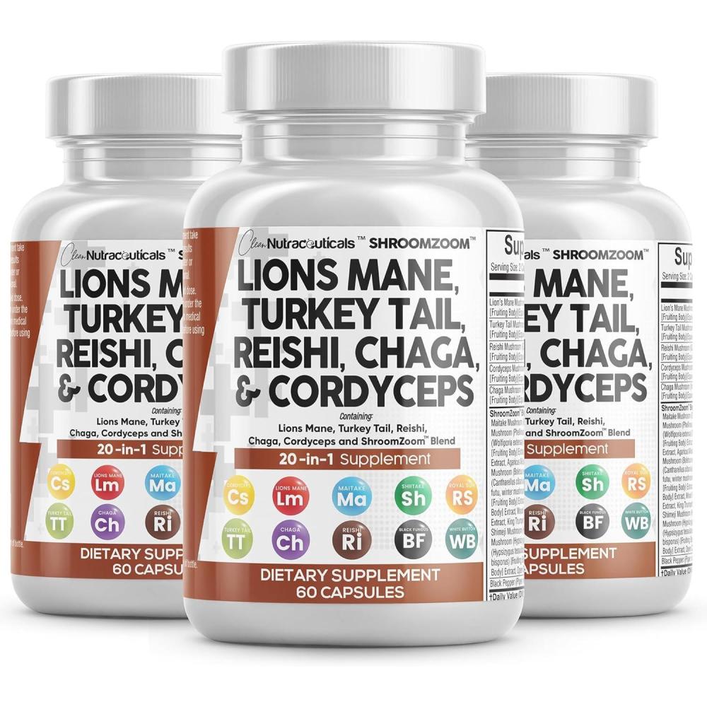 image:imageClean Nutraceuticals Lions Mane 20in1 Mushroom Supplement with Turkey Tail Reishi Cordyceps Chaga Maitake Meshima Poria Cocos Shiitake Oyster Porcini Enoki 2Pack3