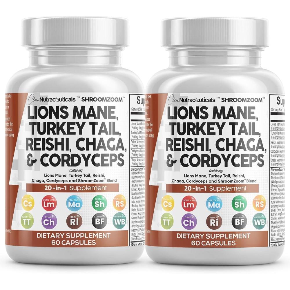 image:imageClean Nutraceuticals Lions Mane 20in1 Mushroom Supplement with Turkey Tail Reishi Cordyceps Chaga Maitake Meshima Poria Cocos Shiitake Oyster Porcini Enoki 2Pack2