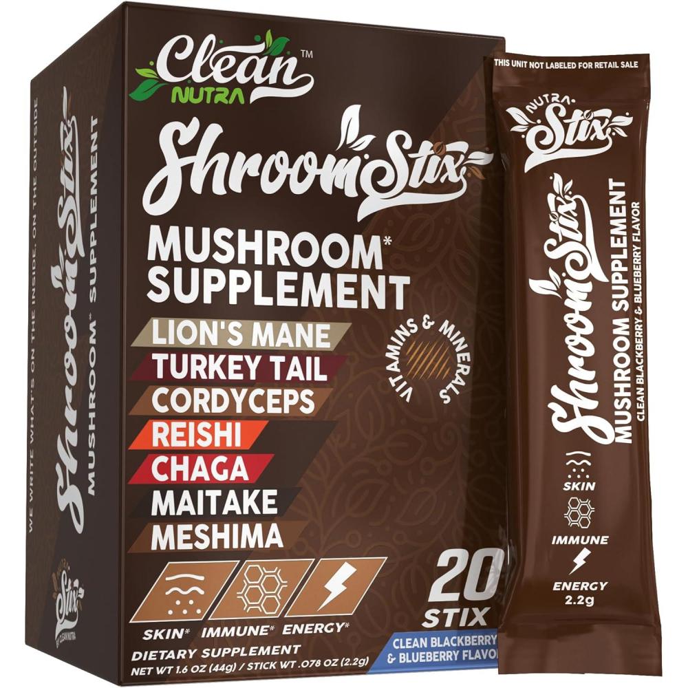 image:imageClean Nutraceuticals Lions Mane Mushroom Supplement with Turkey Tail Reishi Cordyceps Chaga Maitake Meshima Poria Cocos Shiitake Oyster Porcini Enoki 20 Count Pack of 1
