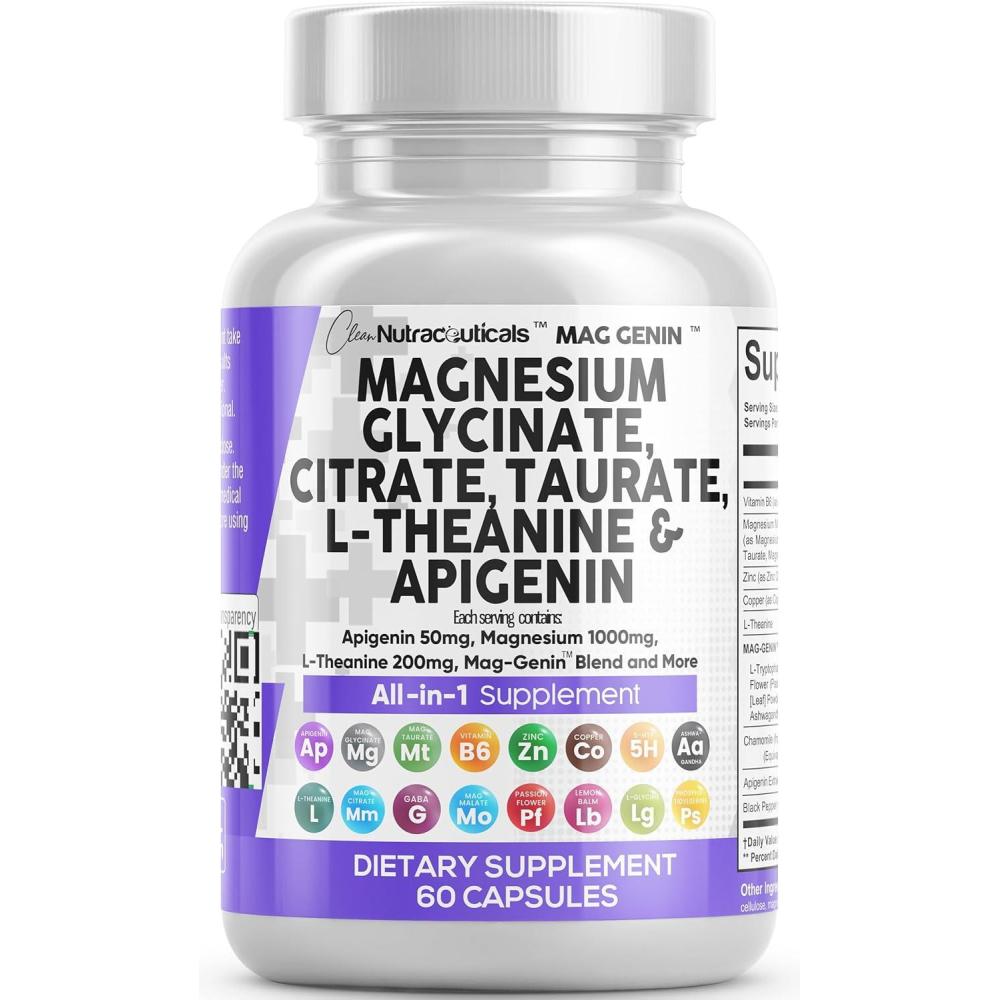 image:imageClean Nutraceuticals Magnesium Glycinate Complex 1000mg with LTheanine 200mg Apigenin 50mg Citrate Taurate Supplement 5HTP GABA Passion Flower Lemon Balm LGlycine Phosphatidylserine 60 Count60 Count Pack of 1