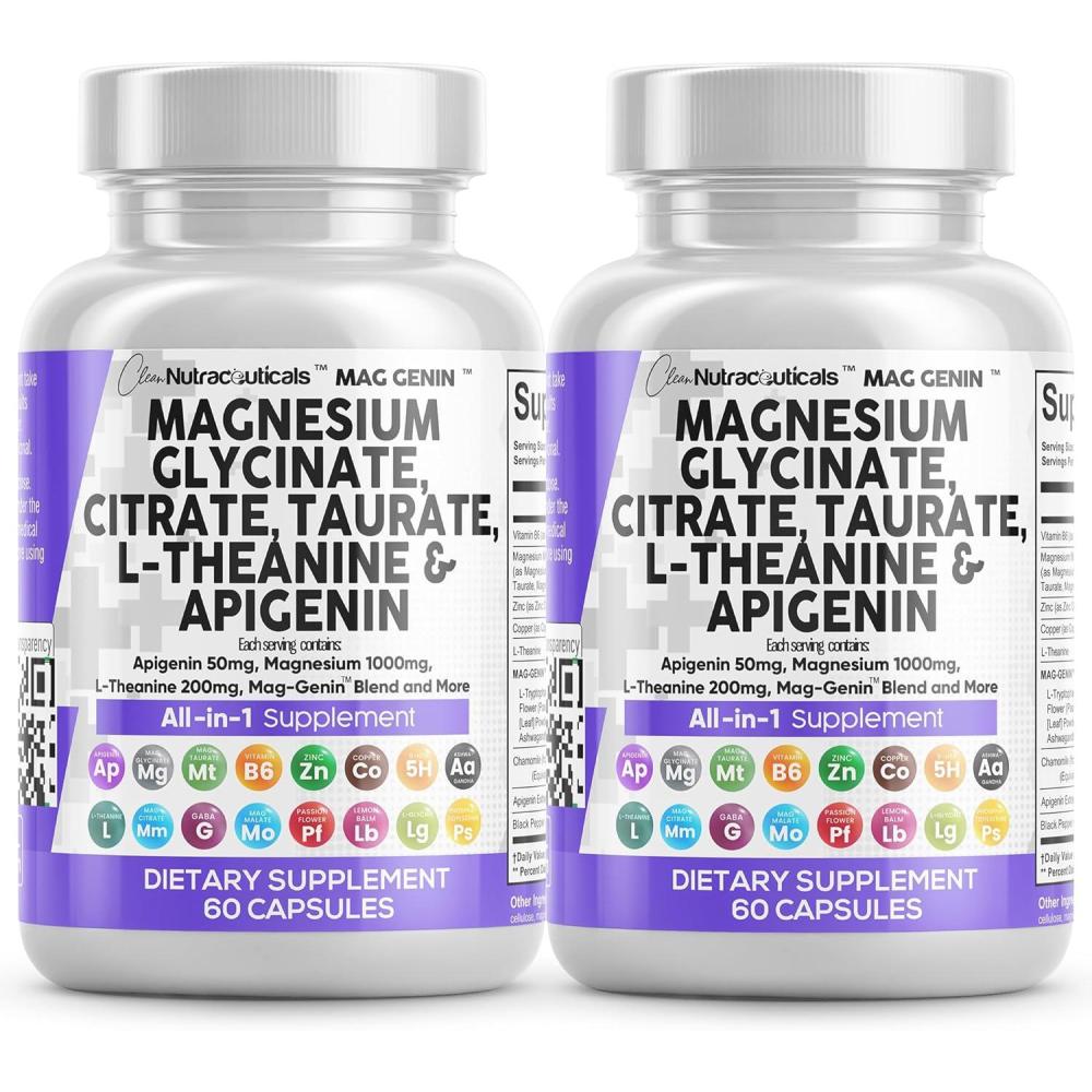 image:imageClean Nutraceuticals Magnesium Glycinate Complex 1000mg with LTheanine 200mg Apigenin 50mg Citrate Taurate Supplement 5HTP GABA Passion Flower Lemon Balm LGlycine Phosphatidylserine 60 Count60 Count Pack of 2