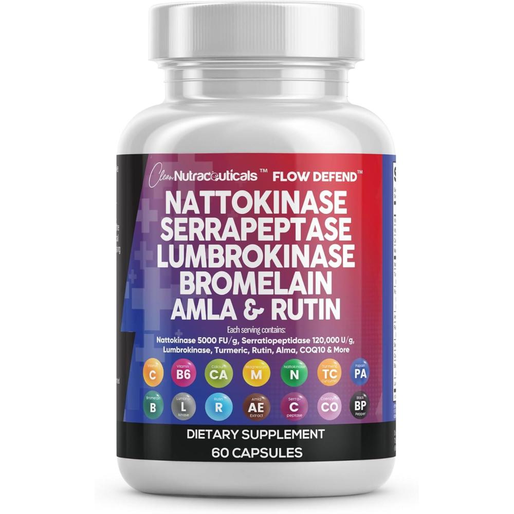image:imageClean Nutraceuticals Nattokinase 5000 FU Serrapeptase 120000 SPU Lumbrokinase Enzyme Supplement with Bromelain Papain Papaya Enzymes Rutin Extract Amla Magnesium Vitamin B6 amp VIT C Capsules1