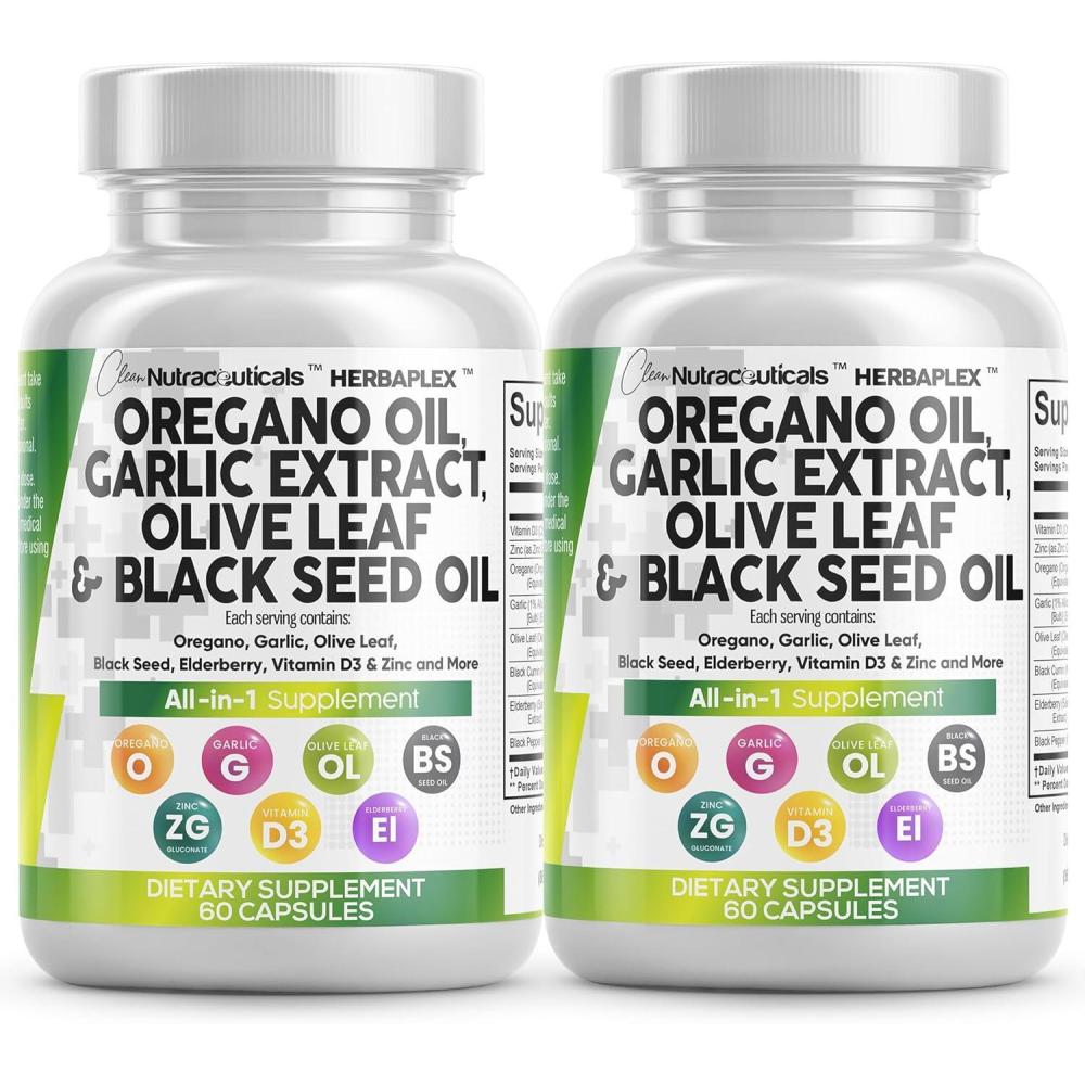 image:imageClean Nutraceuticals Oregano Oil Garlic Extract Olive Leaf Black Seed Oil Immune Support amp Digestive Health Supplement for Women and Men with Vitamin D3 amp Zinc 2Pack