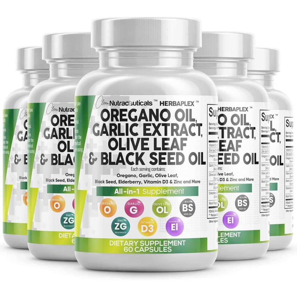 image:imageClean Nutraceuticals Oregano Oil Garlic Extract Olive Leaf Black Seed Oil Immune Support amp Digestive Health Supplement for Women and Men with Vitamin D3 amp Zinc 5Pack