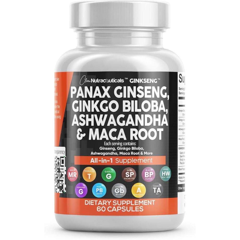 image:imageClean Nutraceuticals Panax Ginseng Ginkgo Biloba Ashwagandha Maca Root Focus Supplement Pills for Women and Men with Pine Bark Extract Garlic and Saw Palmetto 60 Caps1