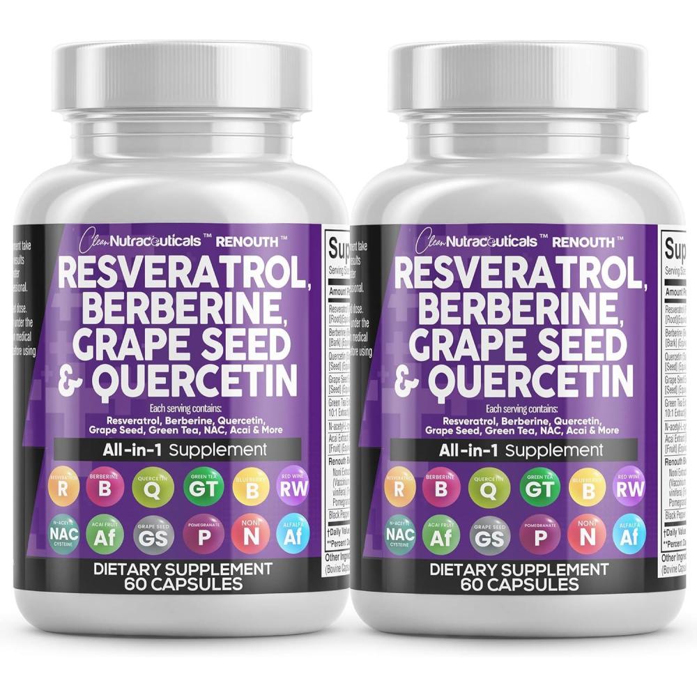 image:imageClean Nutraceuticals Resveratrol Berberine Grape Seed Extract Quercetin Green Tea Extract Polyphenol Supplement for Women amp Men NAcetyl Cysteine Acai 2Pack