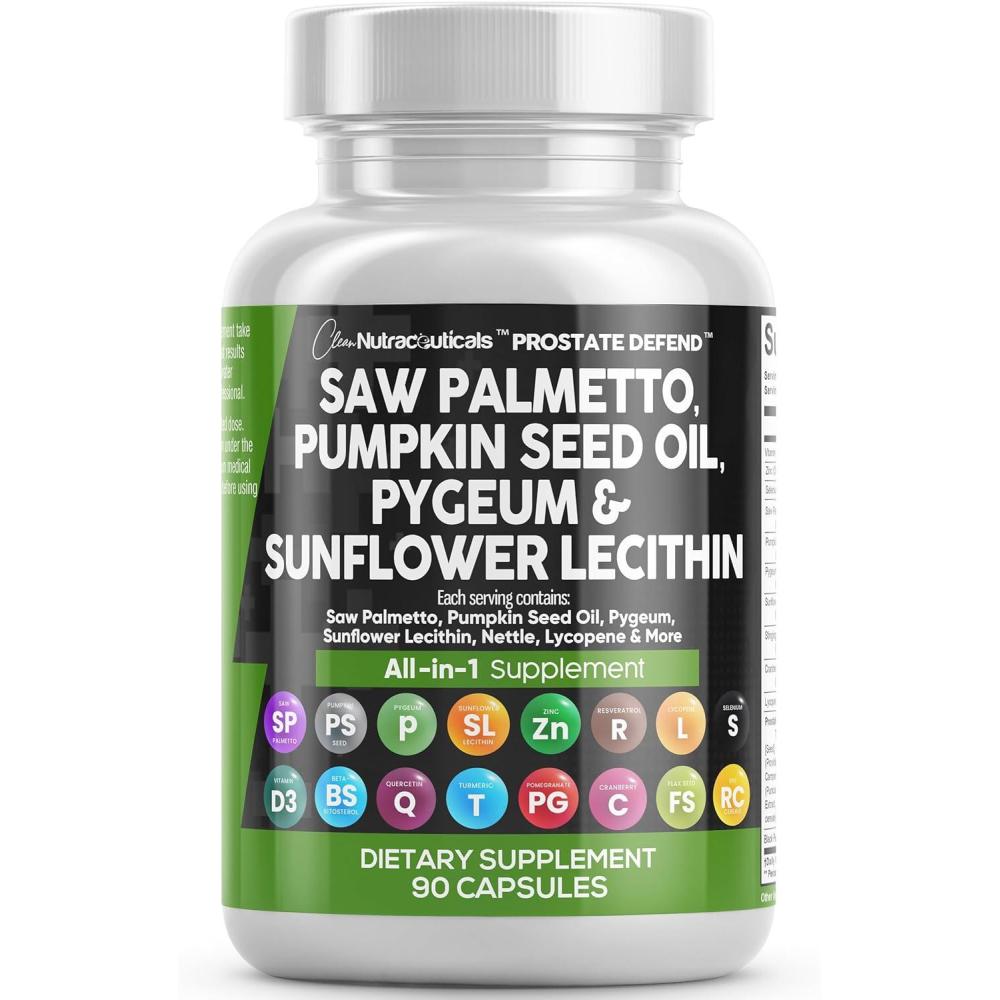 image:imageClean Nutraceuticals Saw Palmetto Pumpkin Seed Oil Pygeum Sunflower Lecithin Stinging Nettle Cranberry Prostate Supplements for Men with Lycopene 90 Caps90 Count Pack of 1