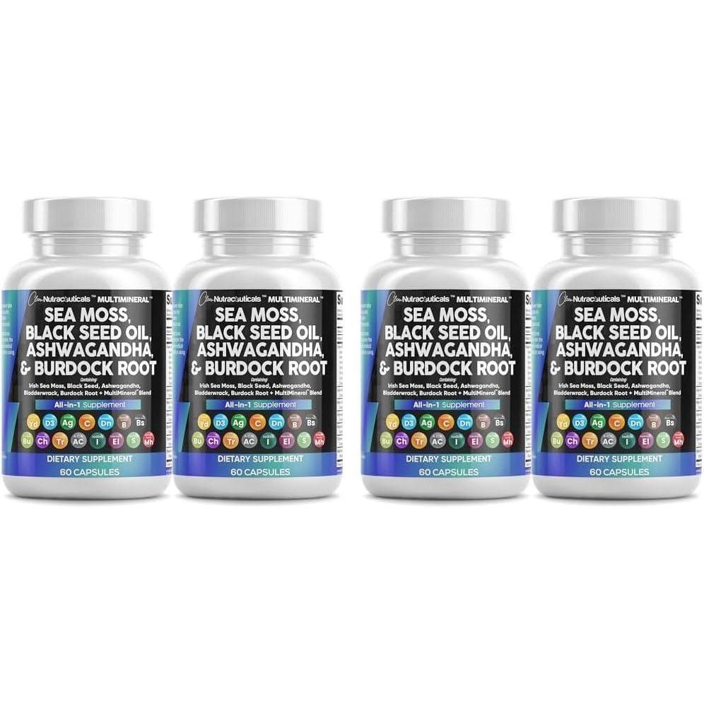 image:imageClean Nutraceuticals Sea Moss Black Seed Oil Ashwagandha Turmeric Bladderwrack Burdock amp Vitamin C Vitamin D3 with Elderberry Manuka Dandelion Yellow Dock Iodine Chlorophyll ACV 2Pack60 Count Pack of 4