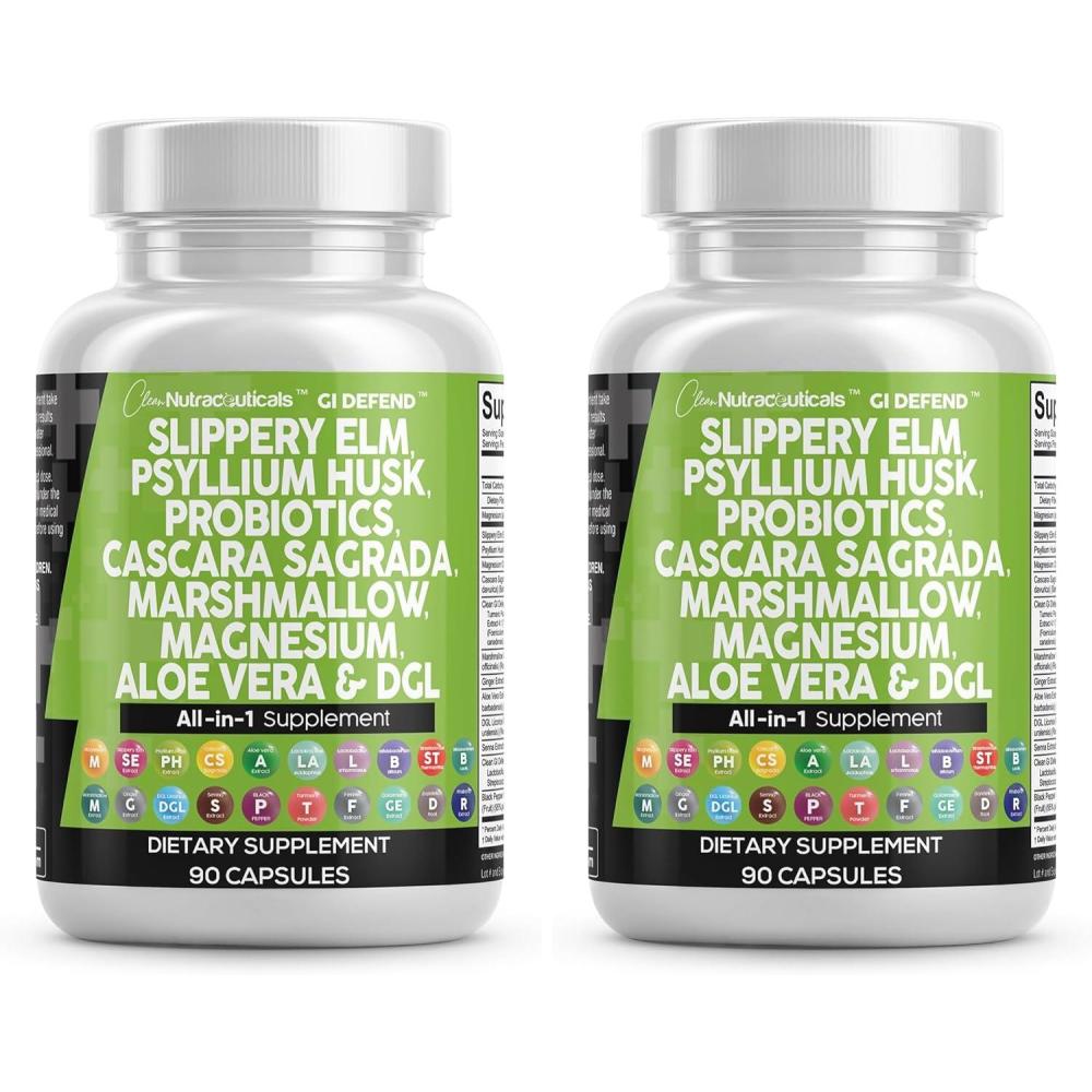 image:imageClean Nutraceuticals Slippery Elm Psyllium Husk Pre Probiotic Digestive Gut Health Supplement with Aloe Vera Cascara Sagrada Marshmallow Root DGL Licorice Senna Extract90 Count Pack of 2