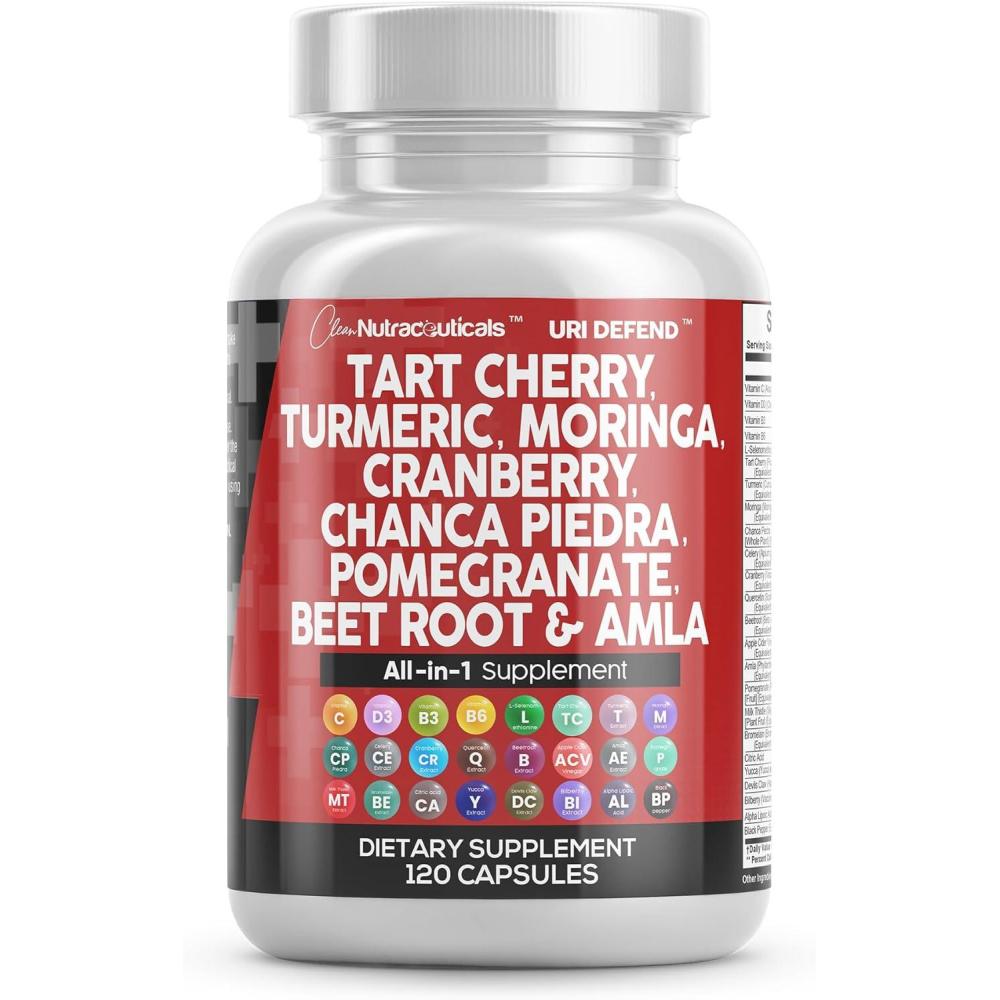 image:imageClean Nutraceuticals Tart Cherry Extract Capsules with Turmeric Moringa Cranberry Chanca Piedra Celery Quercetin ACV Pomegranate L Selenomethionine Uric Levels 120 Ct1
