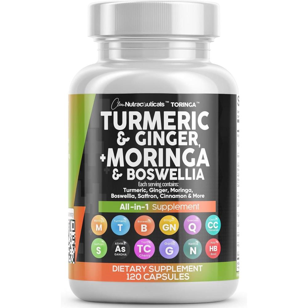 image:imageClean Nutraceuticals Turmeric Moringa Supplement Ginger Boswellia Saffron Supplement for Women and Men with Ceylon Cinnamon Tart Cherry Quercetin Garlic Nettle Holy Basil 1Pack1