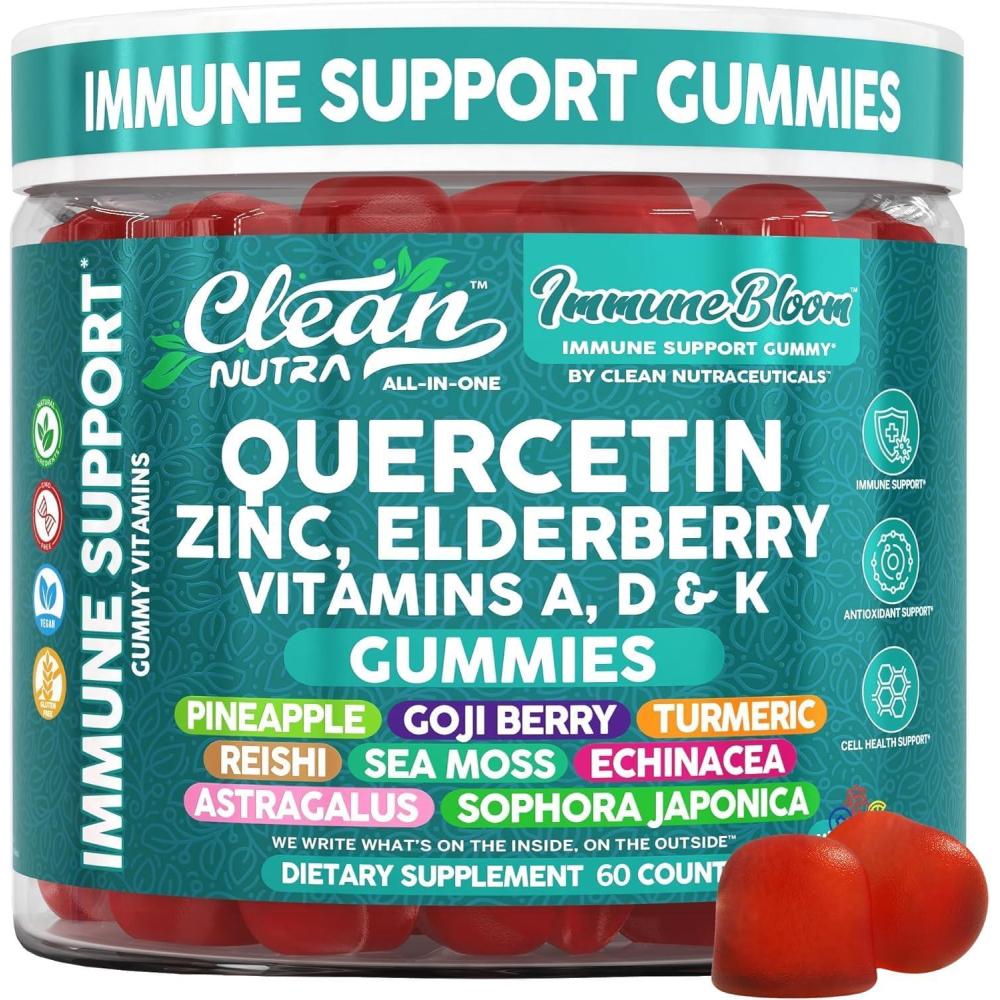 image:imageClean Quercetin Elderberry Immune Support Gummies Zinc Vitamin K2 D3 A Bromelain Goji Berry Turmeric Sea Moss Echinacea Astragalus Selenium Olive Leaf Immunity Supplement Gummy Vitamins