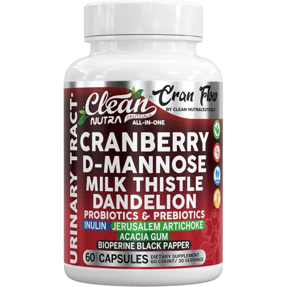 image:imageCran Flow Cranberry Pills for Urinary Health DMannose Milk Thistle Dandelion Inulin Vitamin C Prebiotics and Probiotics Bladder Support By Clean Nutra