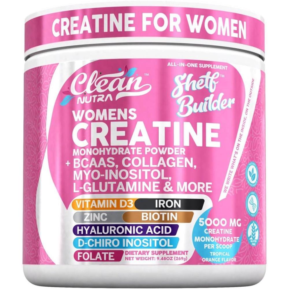 image:imageCreatine for Women Creatine Monohydrate BCAA Powder MyoInositol Collagen Biotin Hyaluronic Acid Folate L Glutamine Vitamin D3 Iron Zinc DChiroMaca Digestion Shelf Builder By Clean Nutra1