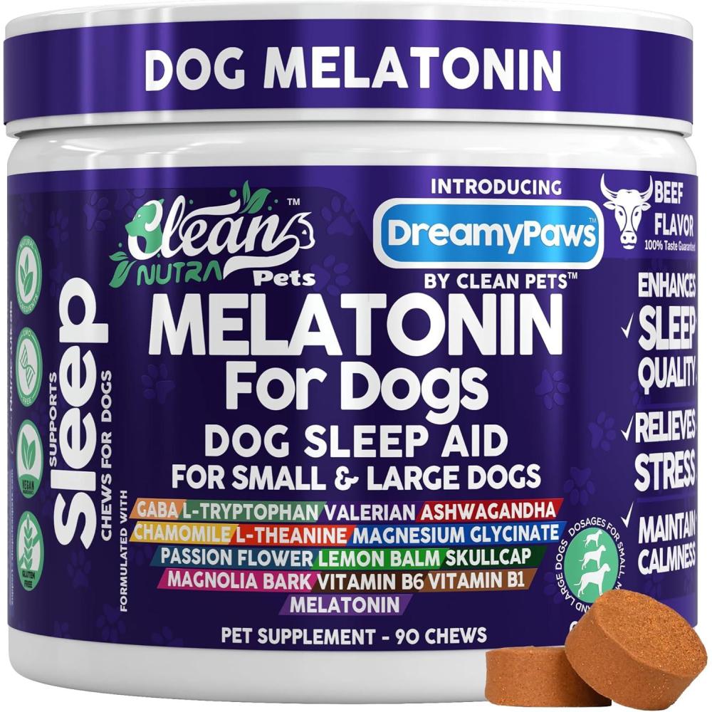 image:imageDreamy Paws Melatonin for Dogs Dog Calming Sleep Supplement Melatonin GABA Tryptophan Valerian Magnolia Bark Passion Flower Magnesium Ashwagandha Restful Sleep 90 Chews Beef Flavor by Clean Pets