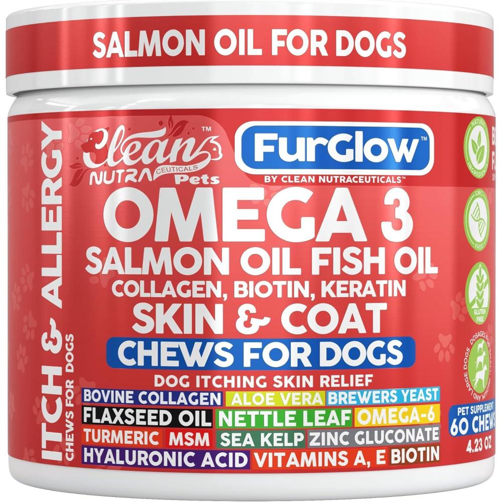 image:imageFurGlow Skin and Coat Supplement for Dogs Salmon Oil Omega 3 Fish Oil Turmeric Collagen Aloe Vera Flaxseed Oil Hyaluronic Acid Biotin Keratin Aloe Vera Allergy Relief Beef Flavor Clean Nutra Pets