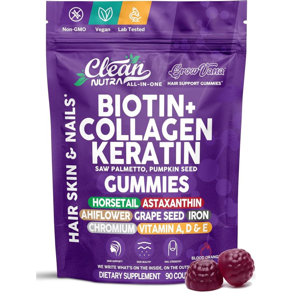 image:imageGrowVana Hair Growth Gummies for Women Biotin Collagen Keratin Saw Palmetto Horsetail Astaxanthin Iron Zinc Pantothenic Acid Vitamin A D E Pumpkin Seed Ahiflower MSM Supplement by Clean Nutra 90 Count