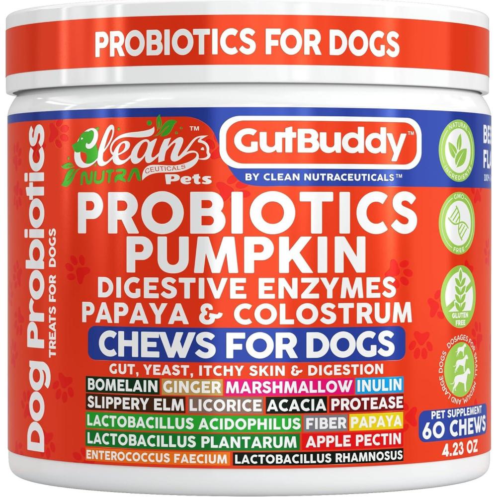 image:imageGut Health Probiotics for Dogs Pumpkin Colostrum Digestive Enzymes Ginger Slippery Elm Licorice Inulin Fiber Soft Chews Dog Probiotic Beef Flavor Digestion Supplement Treat Bites Large amp Small Pets