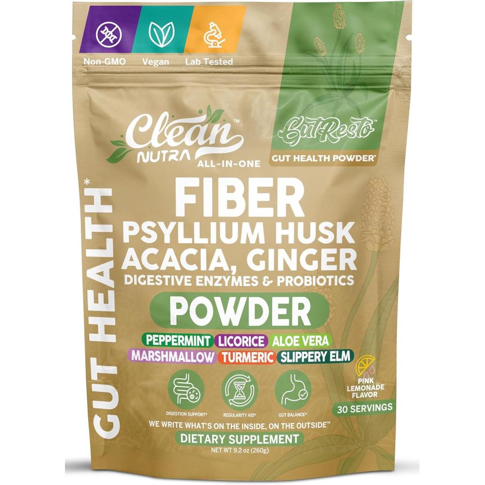 image:imageGutResto Fiber Supplement Psyllium Husk Powder Probiotic Gut Health Digestive Enzymes Prebiotic LGlutamine Slippery Elm Aloe Vera Marshmallow Root Turmeric Ginger Peppermint by Clean Nutra 30 Svgs