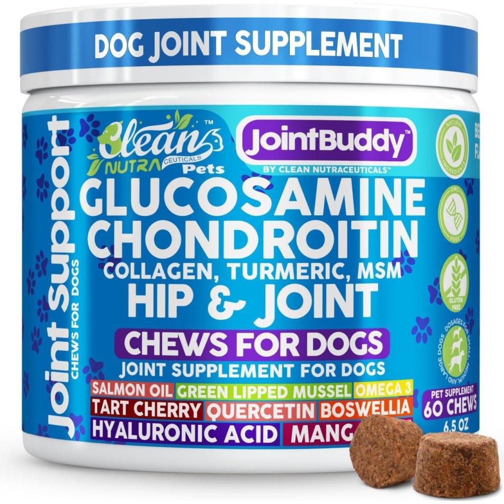 image:imageJointBuddy Glucosamine Chondroitin Joint Supplement for Dogs Salmon Oil MSM Tart Cherry Omega 3 6 9 Fish Oil Hyaluronic Acid Supplements amp Collagen for Dogs 60 Chews Beef Flavor by Clean Nutra Pets