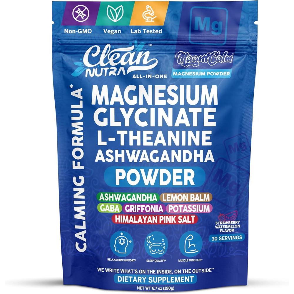 image:imageMagnesium Glycinate Powder Supplement L Theanine Ashwagandha Glycine Apigenin Lemon Balm GABA 5HTP Pink Salt Potassium L Tryptophan Calcium Powdered Sleep Aid Calm Trace Minerals Vitamin