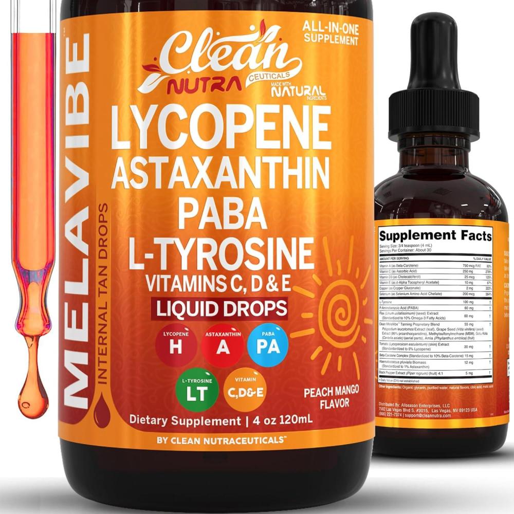 image:imageMelaVibe Internal Tanning Drops Supplement Astaxanthin Lycopene PABA LTyrosine Beta Carotene Grape Seed Polypodium Leucotomos MSM Gotu Kola Amla Copper Selenium Skin Radiance by Clean Nutra 4 Fl Oz
