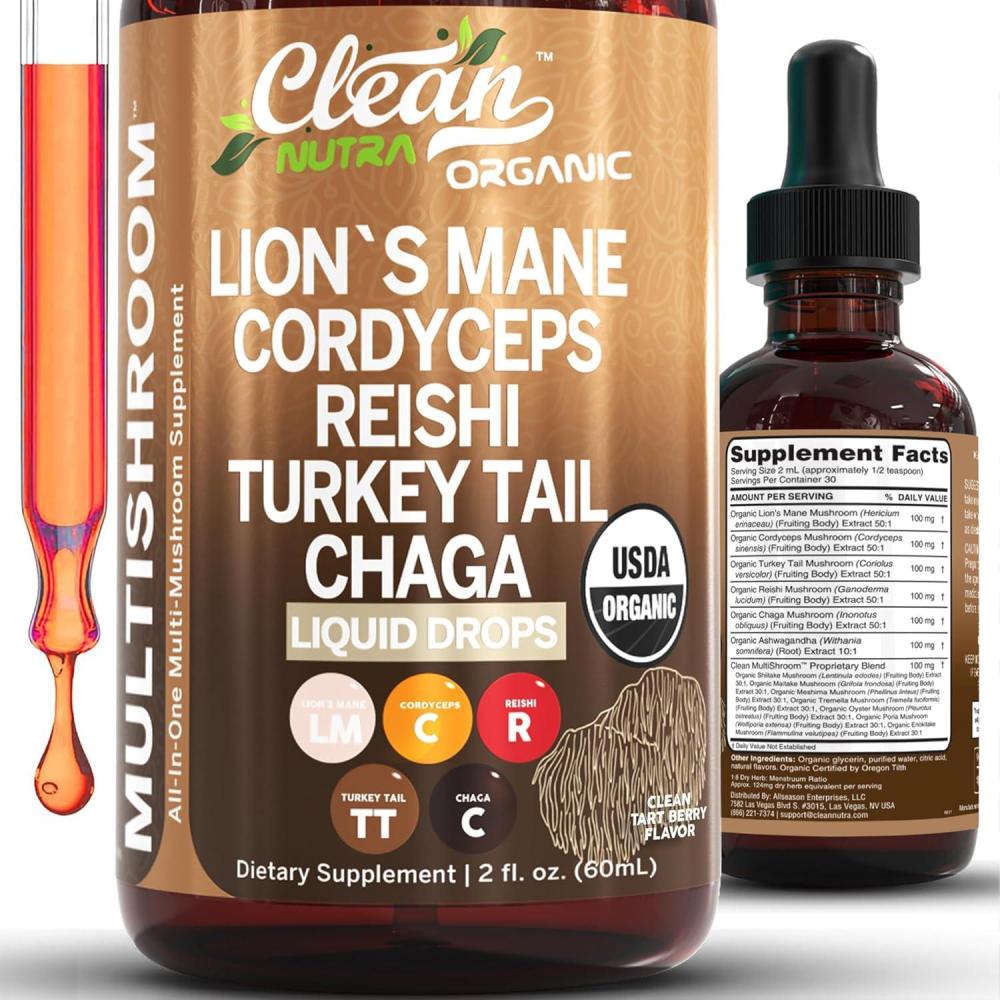 image:imageMushroom Supplement Liquid Drops with Lions Mane Turkey Tail Cordyceps Reishi Chaga Shitake Maitake Tremella Oyster Mushrooms Poria Supplement and Enokitake Mushrooms Complex Blend by Clean Nutra1