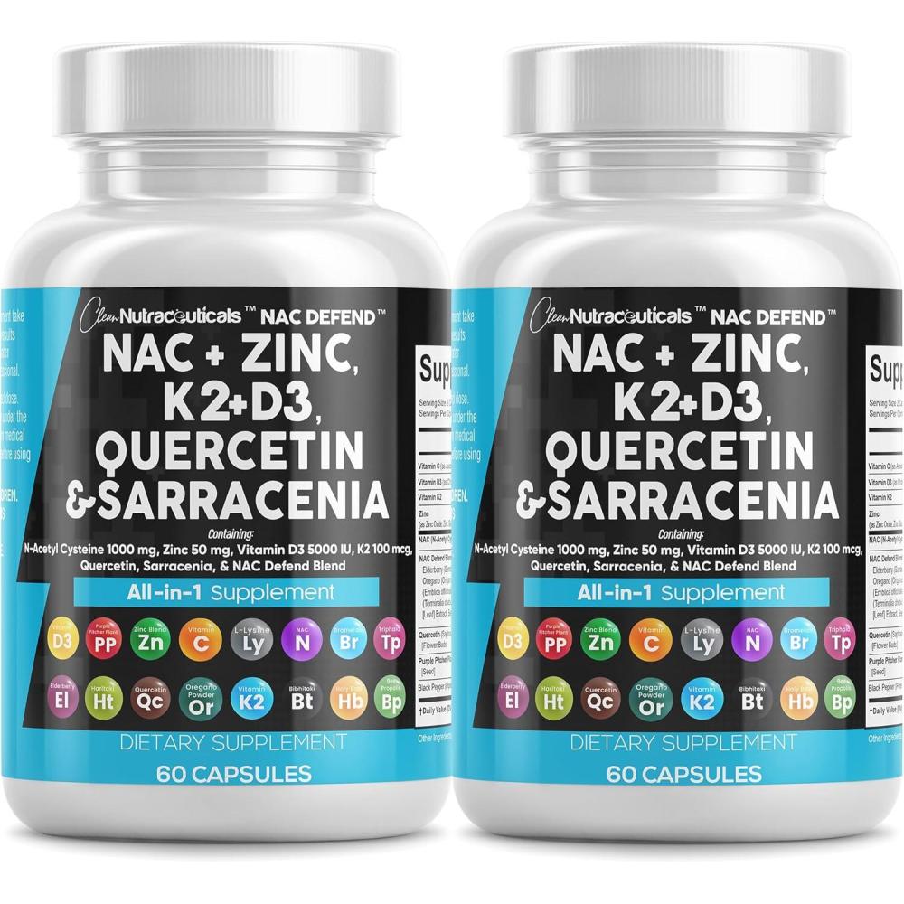 image:imageNAC Supplement NAcetyl Cysteine Vitamin D3 K2 Zinc Quercetin Sarracenia Purpurea Immune Support  Elderberry Holy Basil Bee Propolis Bromelain LLysine Capsules Supplements For Women Men Adults2