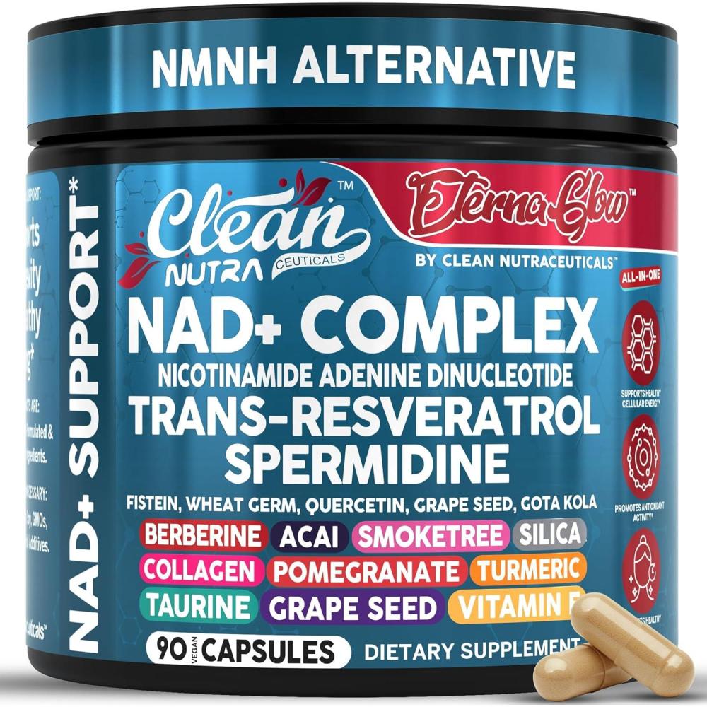 image:imageNAD Resveratrol Supplement Spermidine Fisetin Quercetin Grape Seed Gotu Kola Berberine Astaxanthin Taurine Pomegranate Acai Anti Aging Longevity Capsules for Women Men EternaGlow by Clean Nutra 90ct