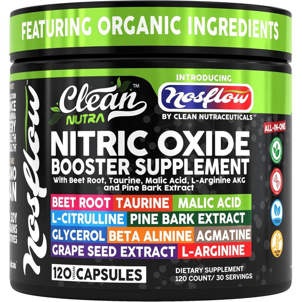 image:imageNosFlow Nitric Oxide Supplements for Men Beet Root Taurine LArginine Malic Acid LArginine LCitrulline Pine Bark Glycerol Agmatine Grape Seed Vitamin C B12 B3 By Clean Nutra1