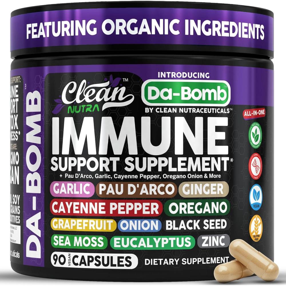 image:imageOrganic Immune Support with PAU DArco Garlic Cayenne Pepper Oregano Ginger Grapefruit Onion Black Seed Sea Moss Black Pepper Zinc Eucalyptus Vitamin C Vitamin D Organic Soursop By Clean Nutra1